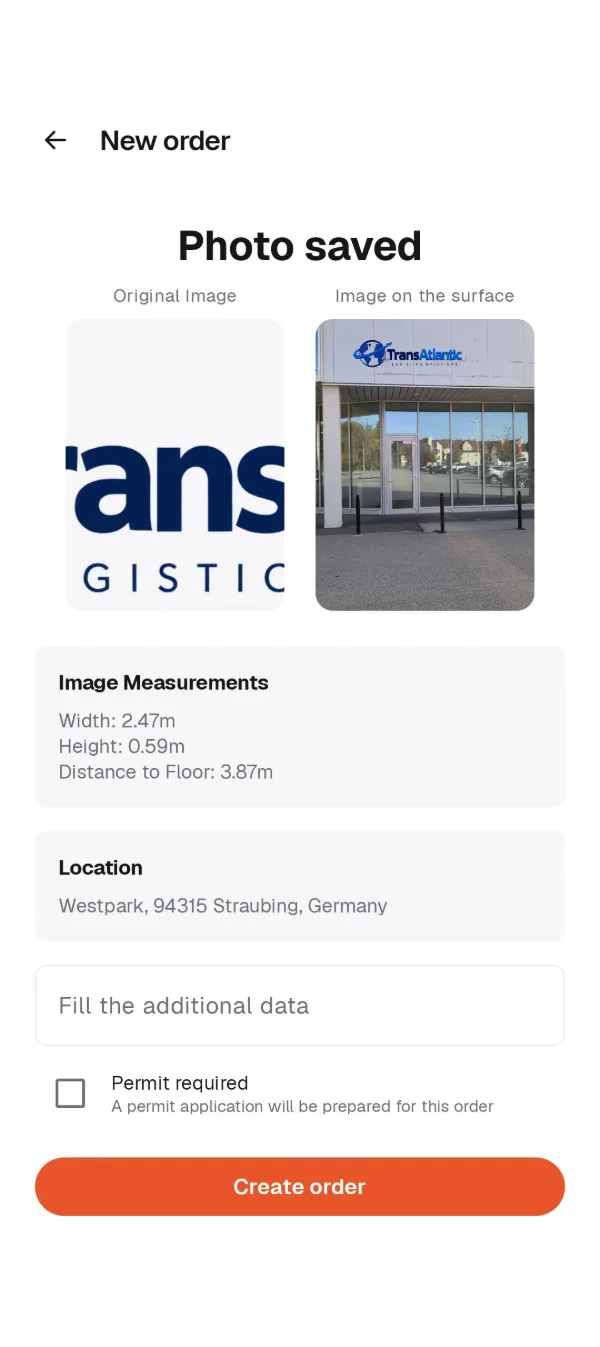 Photo saved: original design beside the sign on the real building, with measured width, height, distance to floor and location