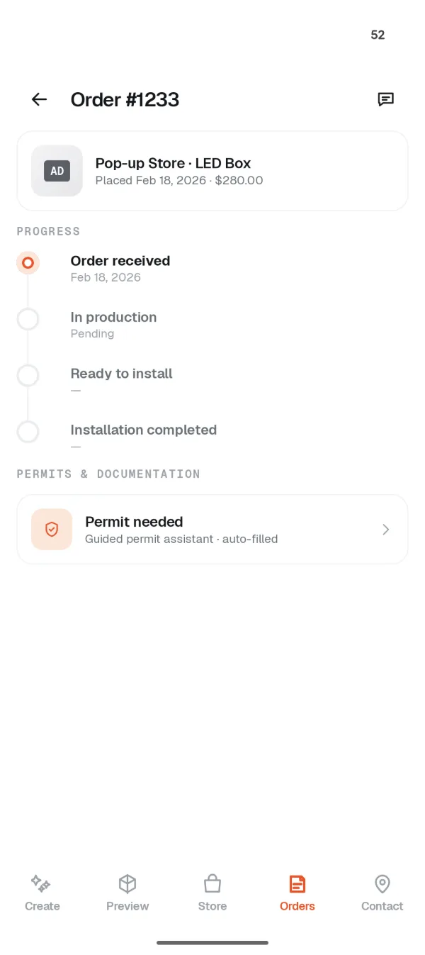 Order detail with progress timeline and permit status