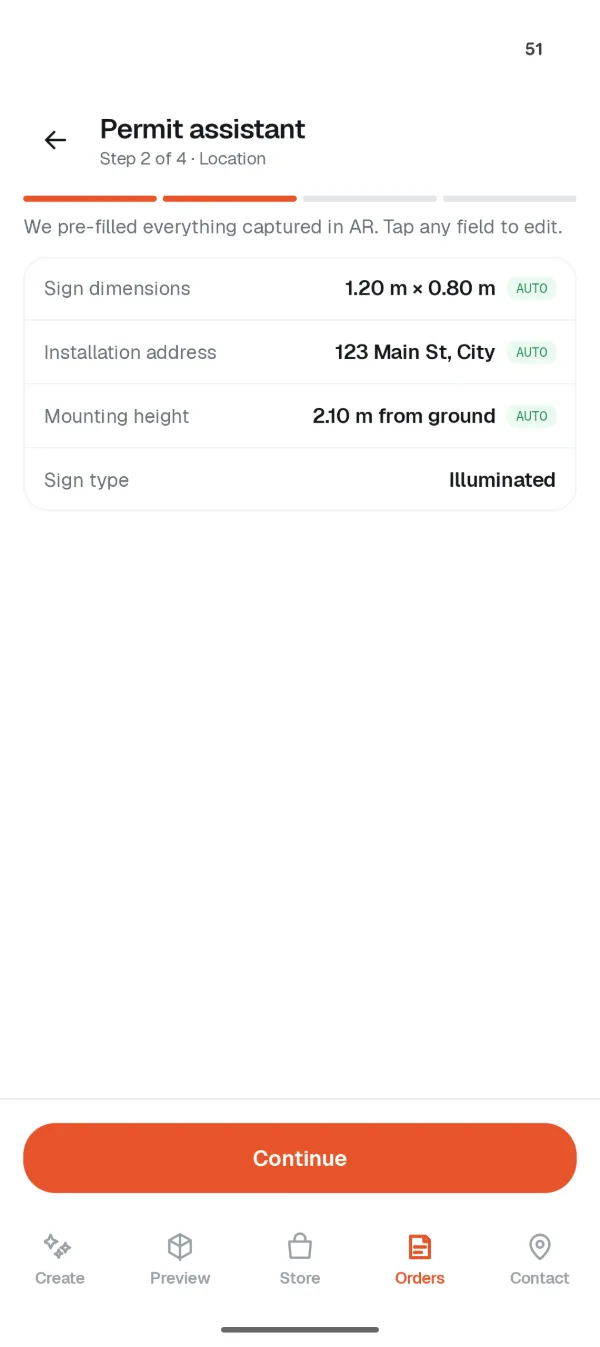 Permit assistant, step 2 of 4: dimensions, address and mounting height pre-filled from AR