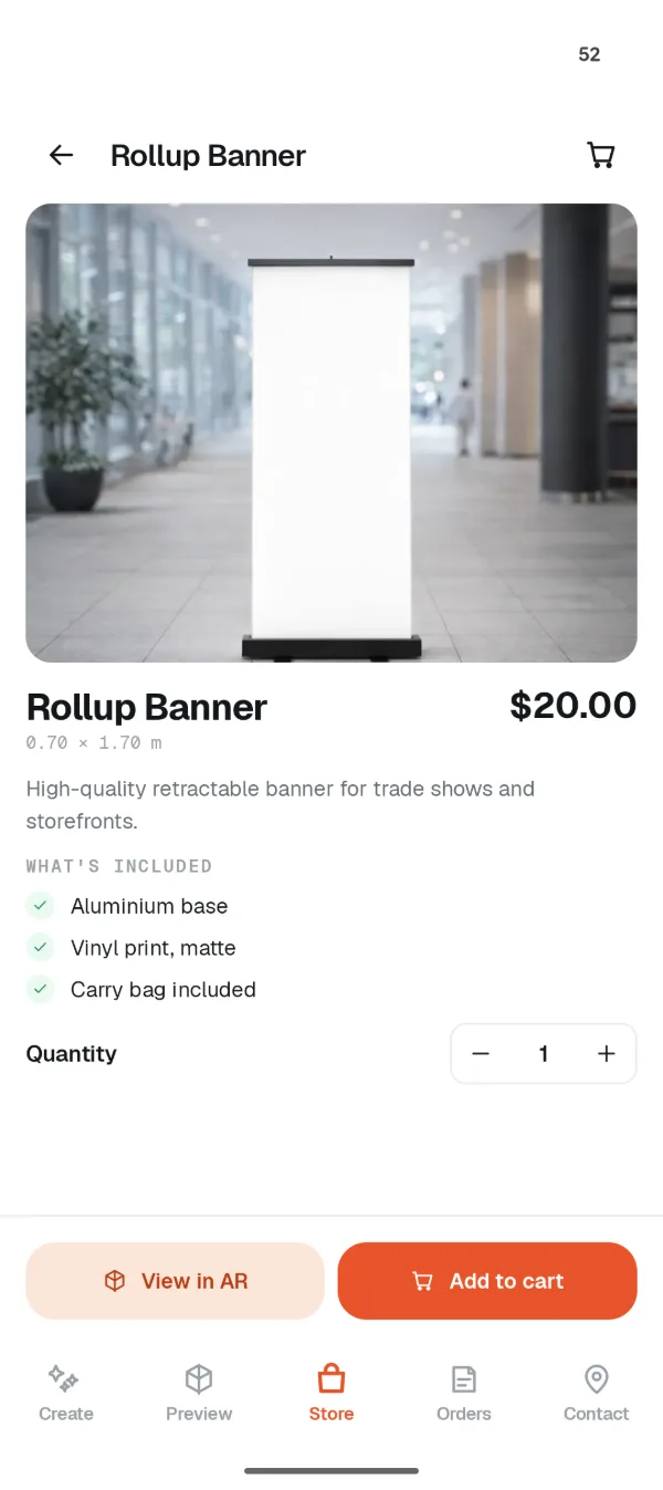Rollup Banner product page with what's included, View in AR and Add to cart